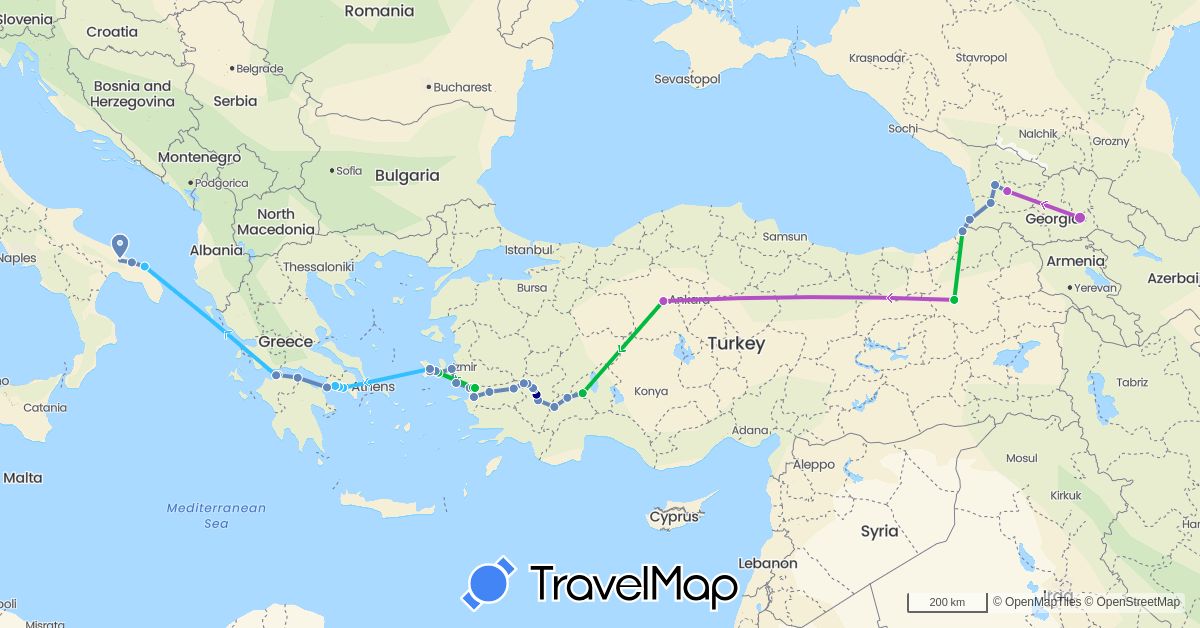 TravelMap itinerary: driving, bus, cycling, train, boat in Georgia, Greece, Italy, Turkey (Asia, Europe)