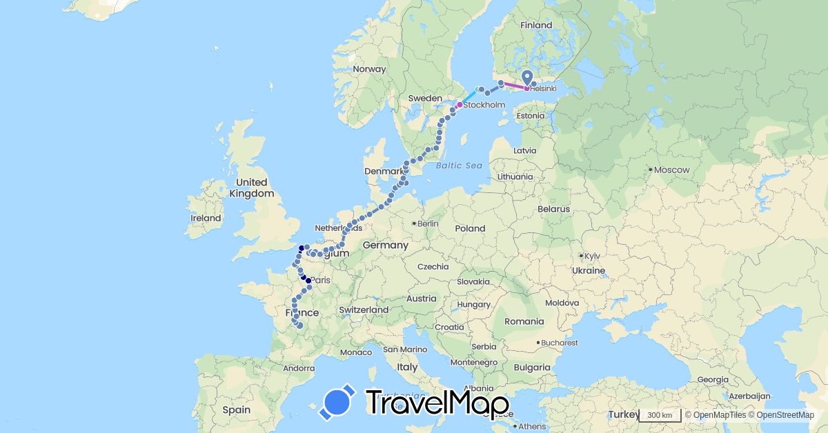 TravelMap itinerary: driving, cycling, train, boat in Belgium, Germany, Denmark, Finland, France, Netherlands, Sweden (Europe)
