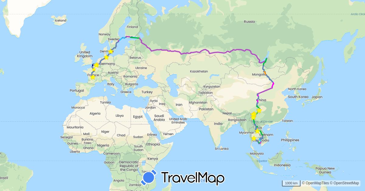 TravelMap itinerary: driving, bus, cycling, train, hiking, boat, hitchhiking, mix vélo / stop in Åland Islands, Belgium, China, Germany, Denmark, Finland, France, Cambodia, Laos, Mongolia, Netherlands, Russia, Sweden, Thailand (Asia, Europe)