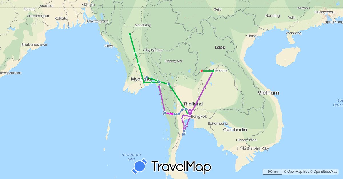 TravelMap itinerary: driving, bus, cycling, train, hiking, mix vélo / stop in Myanmar (Burma), Thailand (Asia)