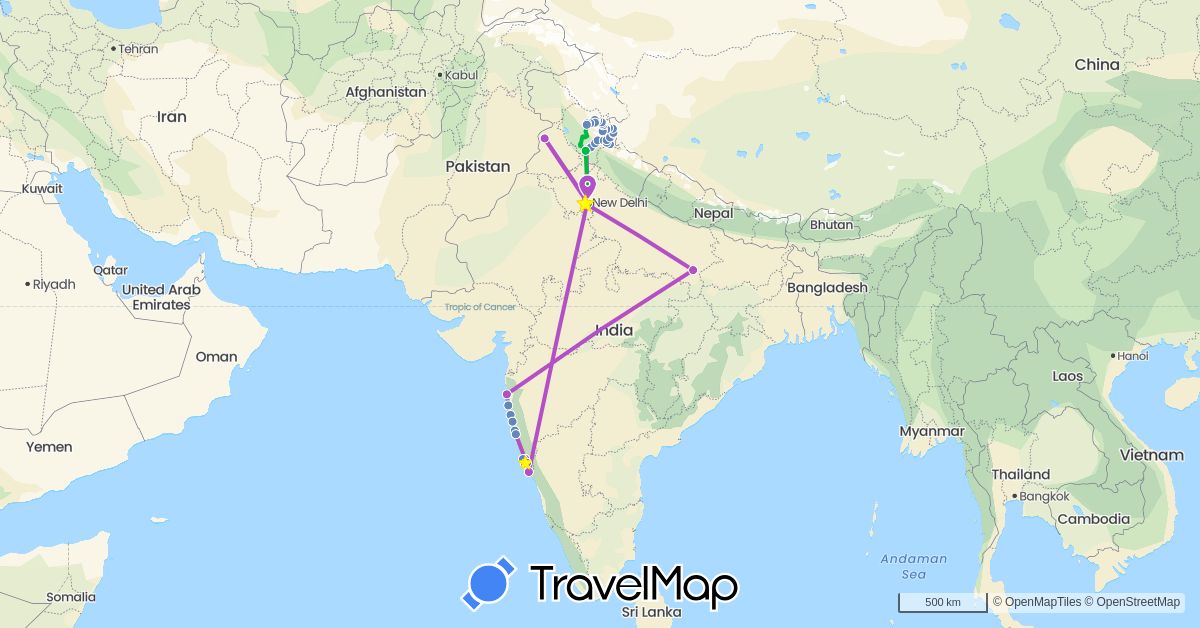 TravelMap itinerary: driving, bus, cycling, train, hiking, hitchhiking in India (Asia)